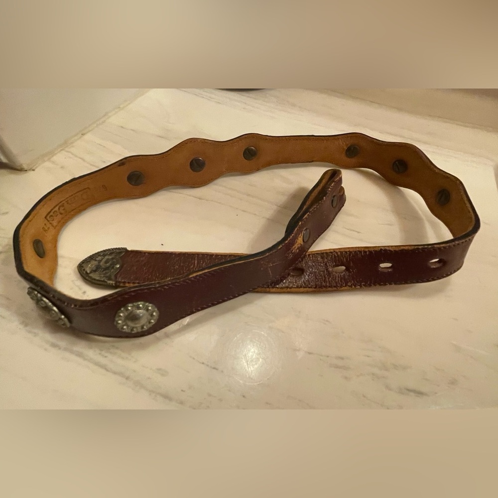 Dun Dee Brown Leather Belt w/Conchos and Montana Silver, Small Adult or Youth
